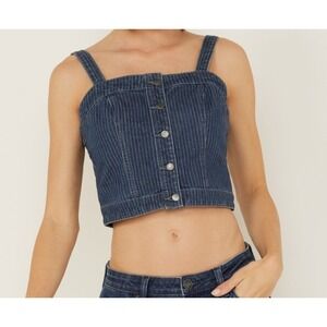 Rock & Roll Denim Womens Blue Pinstripe Button Front Cropped Denim Vest Top L